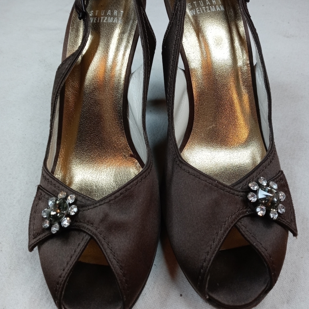 Stuart Weitzman brown satin slingback platform 9.5